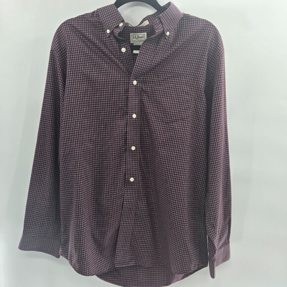 LL Bean Maroon White Plaid Wrinkle Resistant 100% Cotton Medium - Picture 1 of 13